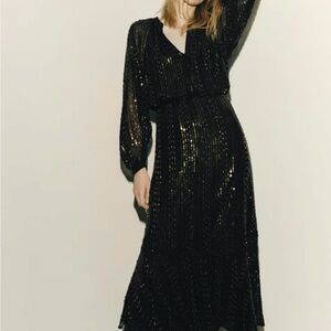 Zara Black & Gold Sequin Maxi Dress – V-Neck Balloon Sleeve, Size M